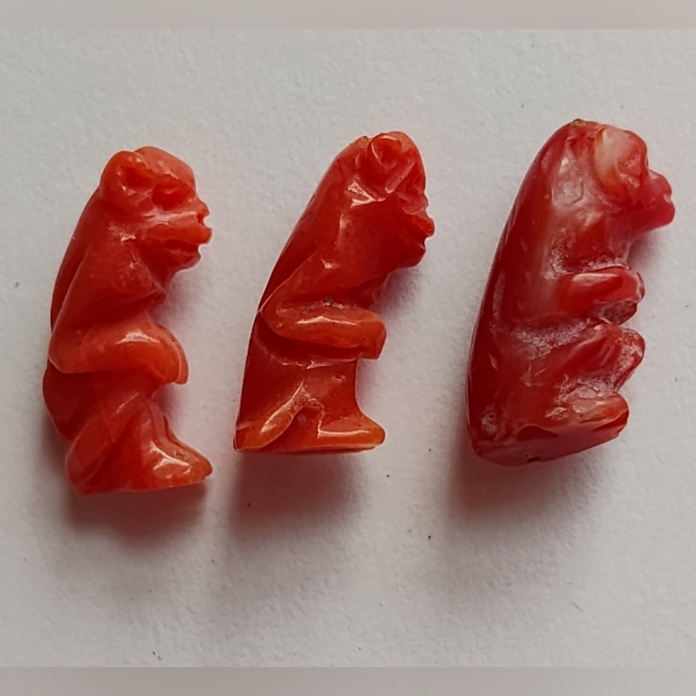Vintage Red Coral Ganesha Bead Monkies Lot Of 3 Jewelry Hand carved Italy